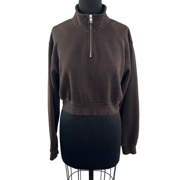 TNA Cozy Perfect Brown Crop Sweatshirt Fleece Half Zip Drop Shoulder Sz S Small - Picture 1 of 9